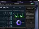 MacBook Pro screen showing Excel spreadsheet with investment portfolio data, green bar chart, purple donut chart, and Copilot sidebar with quarterly totals