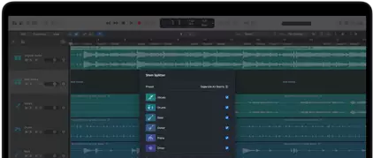 MacBook Pro, Logic Pro, waveform tracks, Stem Splitter panel, categories: vocals, drums, bass, other, each with separate audio waveform