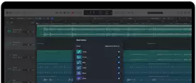 MacBook Pro, Logic Pro, waveform tracks, Stem Splitter panel, categories: vocals, drums, bass, other, each with separate audio waveform