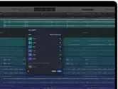 MacBook Pro, Logic Pro, waveform tracks, Stem Splitter panel, categories: vocals, drums, bass, other, each with separate audio waveform