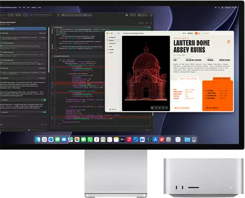 Studio Display XDR, screen shows document in process in Claude Agent in XCode, Mac Studio, front view
