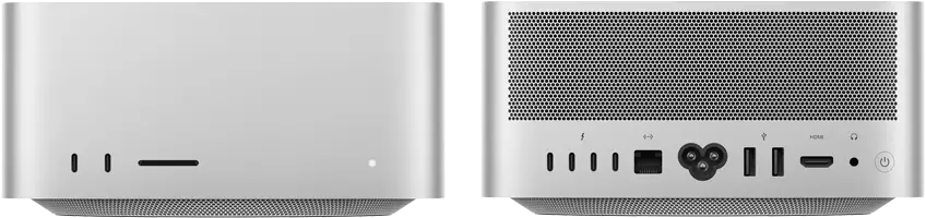 Mac Studio, front, two USB-C ports, SDXC card slot, status indicator light, tapered base at bottom, flat top, rounded sides, straight edges, silver color, Mac Studio, back, perforated aluminum exhaust, four Thunderbolt 5 ports, one Ethernet, one power socket, two USB-A, one HDMI, one headphone jack, and power button