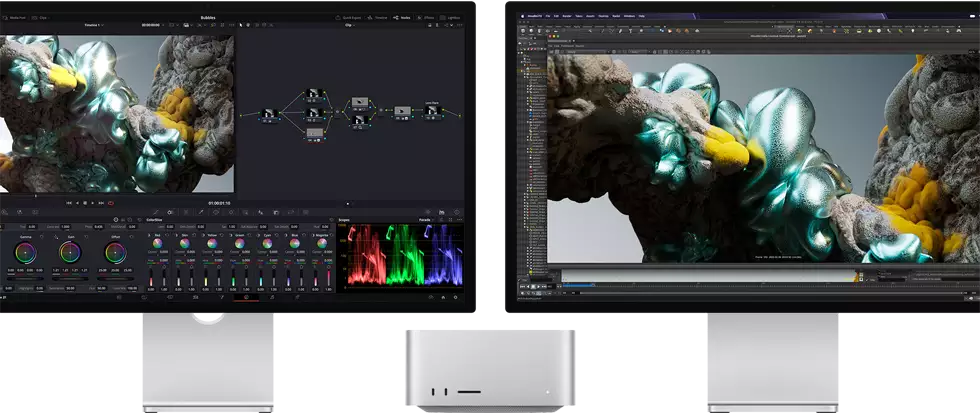 Studio Display monitor and Studio Display XDR monitor, one each on either side of Mac Studio, displaying artist workspace, 3D model software and tools