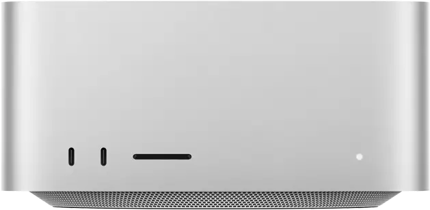 Mac Studio, front, two USB-C ports, SDXC card slot, status indicator light, tapered base at bottom, flat top, rounded sides, straight edges, silver color