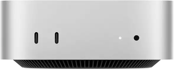Mac mini, front, two Thunderbolt ports, status indicator light and headphone jack, tapered black base at bottom, flat top, rounded sides, straight edges, silver color