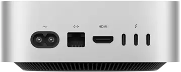 Mac mini, back, power socket, Ethernet port, HDMI port, three Thunderbolt ports