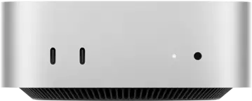 Mac mini, front, two Thunderbolt ports, status indicator light and headphone jack, tapered black base at bottom, flat top, rounded sides, straight edges, silver color
