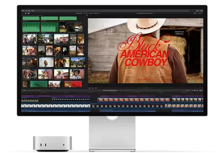 Mac mini paired with Studio Display, screen shows a title screen from a film titled Black American Cowboy on the right, several image stills on the left