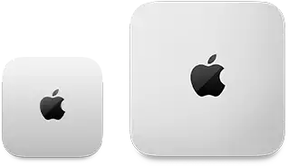 Two Mac mini devices, top, silver aluminum, rounded corners, glossy black Apple logo centered, device on left is updated release and less than half the size of device on right
