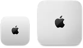 Two Mac mini devices, top, silver aluminum, rounded corners, glossy black Apple logo centered, device on left is updated release and less than half the size of device on right