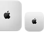 Two Mac mini devices, top, silver aluminum, rounded corners, glossy black Apple logo centered, device on left is updated release and less than half the size of device on right
