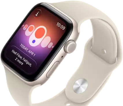 Apple Watch SE 3, aluminum case, starlight color, Cycle Tracking with different menstrual symptoms, right side exterior, Digital Crown, side button, Sport Band, sand color