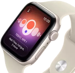 Apple Watch SE 3, aluminum case, starlight color, Cycle Tracking with different menstrual symptoms, right side exterior, Digital Crown, side button, Sport Band, sand color