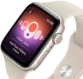 Apple Watch SE 3, aluminum case, starlight color, Cycle Tracking with different menstrual symptoms, right side exterior, Digital Crown, side button, Sport Band, sand color