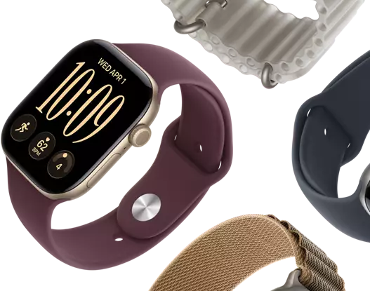Apple Watch Series 11 bands: purple fog Sport Band, anchor blue Ocean band, light blue Alpine Loop