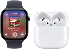 Apple Watch Series 12, aluminum case, black color, black Sport Band, Apple Music app open, paired with AirPods 4