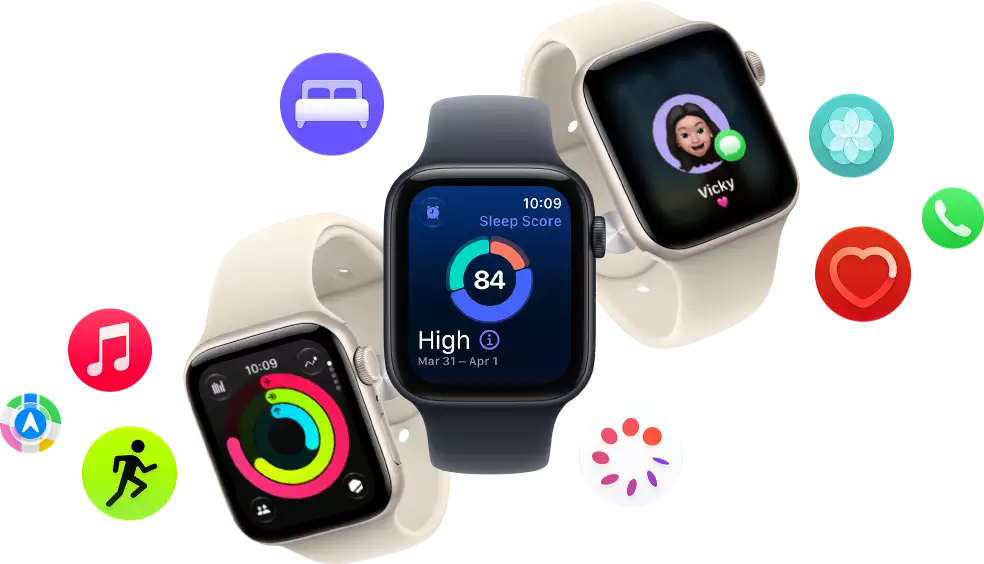 Three Apple Watch SE 3 devices floating next to each other: one with Activity rings, one with sleep score, and one showing an incoming text message