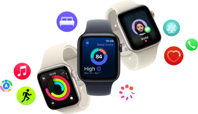 Three Apple Watch SE 3 devices floating next to each other: one with Activity rings, one with sleep score, and one showing an incoming text message