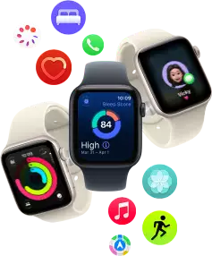 Three Apple Watch SE 3 devices floating next to each other: one with Activity rings, one with sleep score, and one showing an incoming text message
