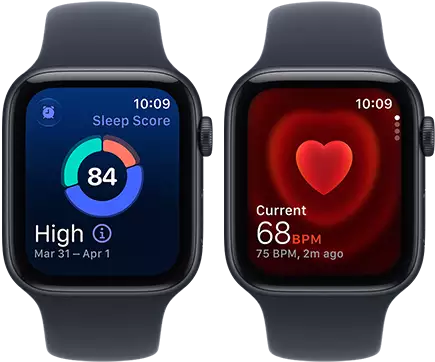 Two Apple Watch SE 3 devices, both with aluminum case, midnight color with navy blue Sport Band, one showing sleep score, one showing Heart rate app, right side exterior, Digital Crown