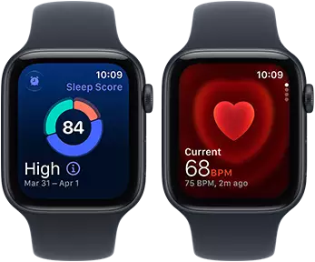 Two Apple Watch SE 3 devices, both with aluminum case, midnight color with navy blue Sport Band, one showing sleep score, one showing Heart rate app, right side exterior, Digital Crown