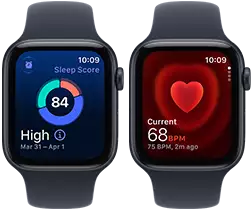 Two Apple Watch SE 3 devices, both with aluminum case, midnight color with navy blue Sport Band, one showing sleep score, one showing Heart rate app, right side exterior, Digital Crown