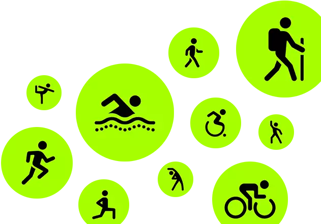 Workout icons, stick people running, walking, swimming, using wheelchair, hiking, cycling, lunging, dancing, stretching, and doing yoga