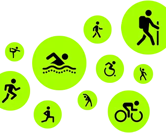 Workout icons, stick people running, walking, swimming, using wheelchair, hiking, cycling, lunging, dancing, stretching, and doing yoga
