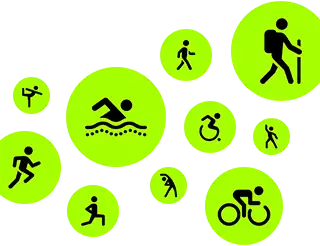 Workout icons, stick people running, walking, swimming, using wheelchair, hiking, cycling, lunging, dancing, stretching, and doing yoga
