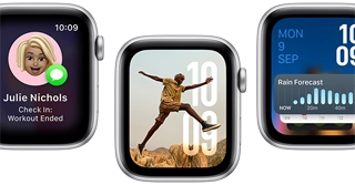 Translate app, Check in app, Photos face, Modular watch face, and Vitals app, on five Apple Watch SE devices