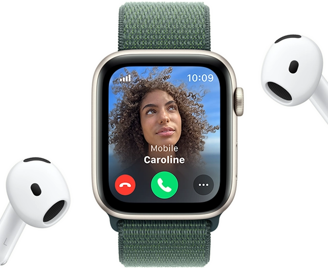 Incoming call on an Apple Watch SE, next to a pair of AirPods