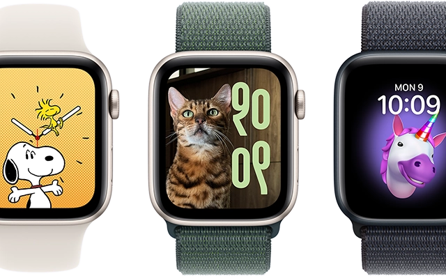 Watch face options, including Memoji, Photos, Portrait and Snoopy, on six Apple Watch devices