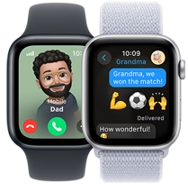 Two Apple Watch SE. The first shows an incoming call from Dad. The second shows a child texting "Grandma! We won the match!"