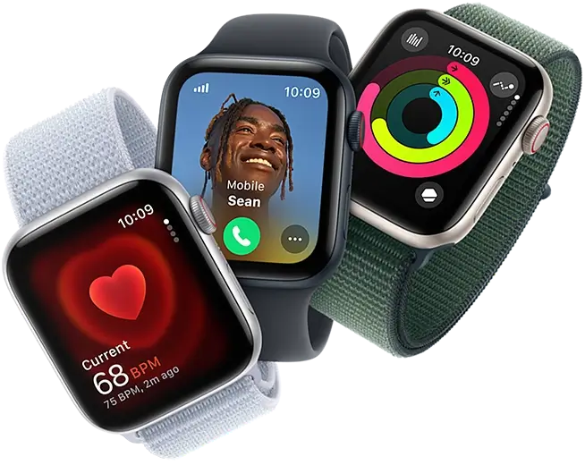 Heart rate monitoring, incoming call and Activity rings on three Apple Watch devices