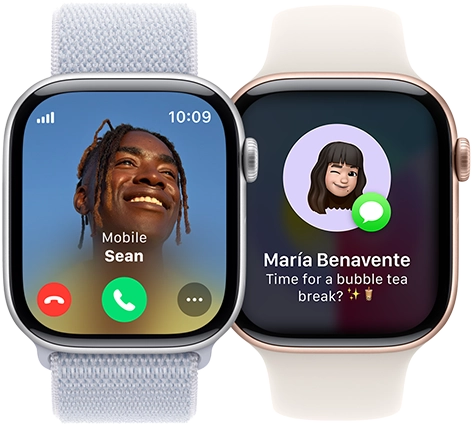 An incoming call on an Apple Watch Series 10 and an incoming text on another Apple Watch Series 10.