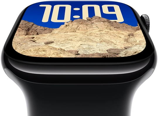 The screen of Apple Watch Series 10 tilting back to emphasise its larger screen area.