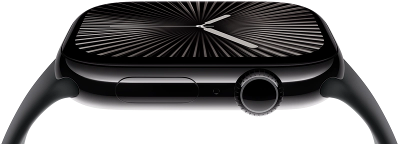 The screen and digital crown of an Apple Watch Series 10 seen from the side. The watch tilts sideways to show more of the screen.