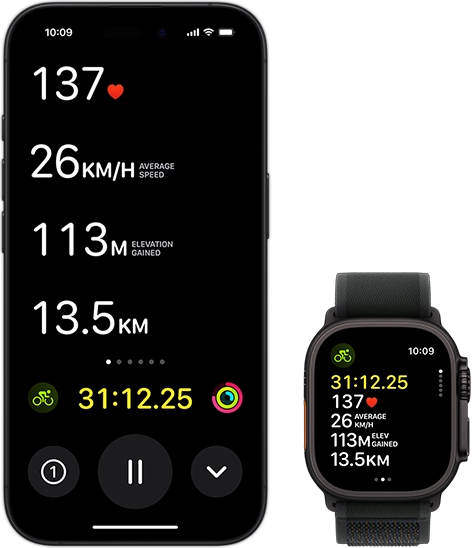 Live Activity showing a person’s biking metrics on both their Ultra 2 and their iPhone