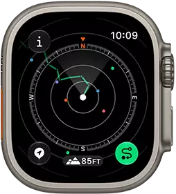 Apple Watch Ultra 4, titanium case, natural color, Backtrack showing route with compass directions, right side exterior, Digital Crown, raised side button