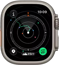 Apple Watch Ultra 4, titanium case, natural color, Backtrack showing route with compass directions, right side exterior, Digital Crown, raised side button