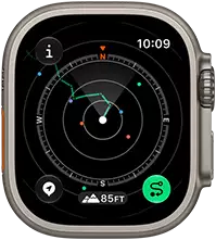 Apple Watch Ultra 4, titanium case, natural color, Backtrack showing route with compass directions, right side exterior, Digital Crown, raised side button