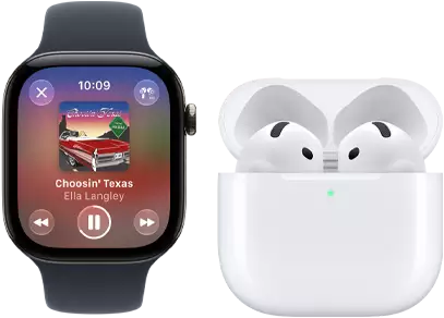 Apple Watch Series 12, aluminum case, black color, black Sport Band, Apple Music app open, paired with AirPods 4