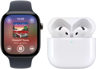 Apple Watch Series 12, aluminum case, black color, black Sport Band, Apple Music app open, paired with AirPods 4