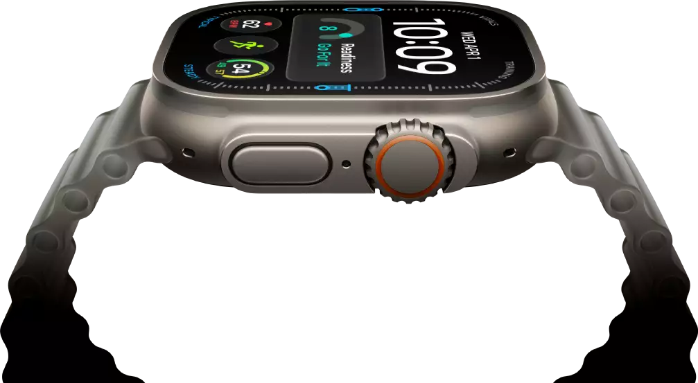 Apple Watch Ultra 4, titanium case, natural color, digital clock face, complications: readiness, heart rate, Workouts, temperature, right side exterior, Digital Crown, raised side button, Ocean Band, translucent gray color