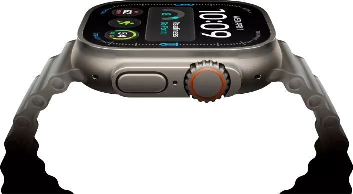 Apple Watch Ultra 4, titanium case, natural color, digital clock face, complications: readiness, heart rate, Workouts, temperature, right side exterior, Digital Crown, raised side button, Ocean Band, translucent gray color
