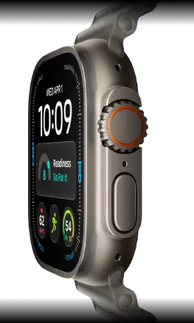 Apple Watch Ultra 4, titanium case, natural color, digital clock face, complications: readiness, heart rate, Workouts, temperature, right side exterior, Digital Crown, raised side button, Ocean Band, translucent gray color