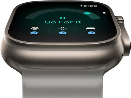Apple Watch Ultra 4, titanium case, natural color, readiness score of 8, right side exterior, Digital Crown, raised side button, Ocean Band, translucent gray color