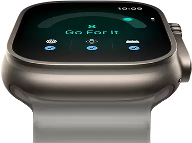 Apple Watch Ultra 4, titanium case, natural color, readiness score of 8, right side exterior, Digital Crown, raised side button, Ocean Band, translucent gray color