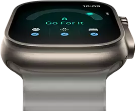 Apple Watch Ultra 4, titanium case, natural color, readiness score of 8, right side exterior, Digital Crown, raised side button, Ocean Band, translucent gray color