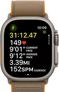 Apple Watch Ultra 4, titanium case, natural color, advanced Outdoor Run workout metrics, right side exterior, Digital Crown, raised side button, Trail Loop band, sand color